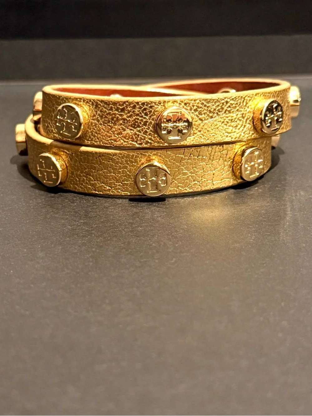 Tory Burch Gold Leather Double-Wrap Logo Stud Bracelet